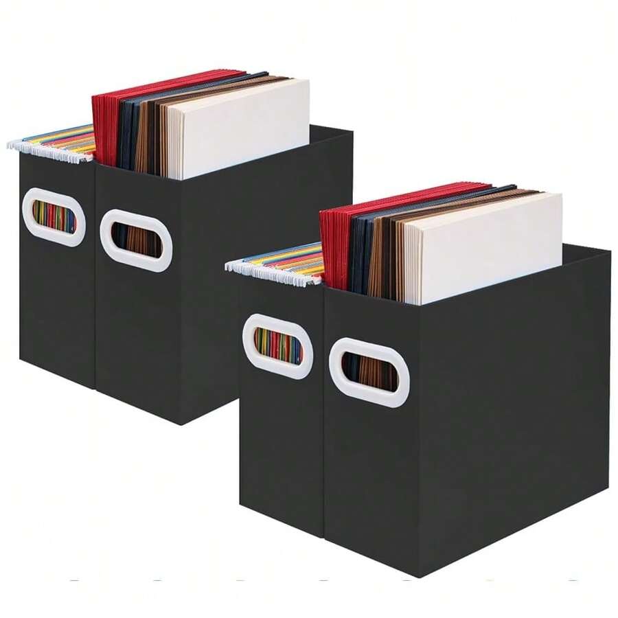 Organizador de archivos plegable con asa - Caja de almacenamiento de carpetas colgantes de cartón para escritorio, oficina, escuela o hogar - Caja de archivo portátil colorida, organizador de documentos, portarevistas, tamaño carta - 4 paquetes, negro - Negro - Ver 1