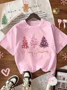 Merry Christmas Pink Christmas Tree Print Short Sleeve T-Shirt, Women Casual Round Neck Tee, Fall/Winter