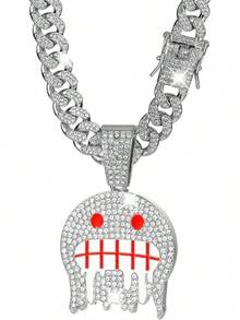 Men's Shiny Cuban Chain Necklace, Miami Style Silver Plated Gold Plated Shiny Necklace, Hop Necklace - 紅色-微笑銀色 - 查看 4