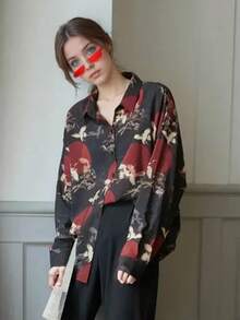 Women's Digital Print Casual Blouse, Couple's Date, Bird Pattern, Long Sleeve Button-Up Shirt, Spring/Autumn - Black - View 10