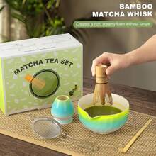 Matcha Whisk Set,Ceramic Matcha Kit Set Includes With Spout, Whisk,Holder,Bamboo Scoop Sifter,5 Pcs Matcha Tea Kit Matcha Lovers, Ideal Gift , Birthday (Green) - Gradient - View 3