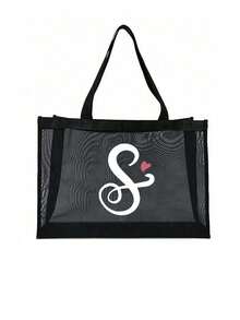 Pink Heart Shaped Alphabet Letter Print Mesh Tote Bag, Alphabet Beach Bag, Foldable Handbag, Women's Mesh Tote Bag, Shoulder Bag, Suitable For Beach, Vacation And Shopping, Large Capacity Handbag, Gift For Family And Friends, Unisex, Suitable For Couples, Daily Use, Dating, Birthday, Holiday, Back To School, Vacation, Travel, Commuting, Business, Students, Picnic, Camping, Supermarket, Daily Storage, Holiday Gift (Black) - Multicolor - View 20
