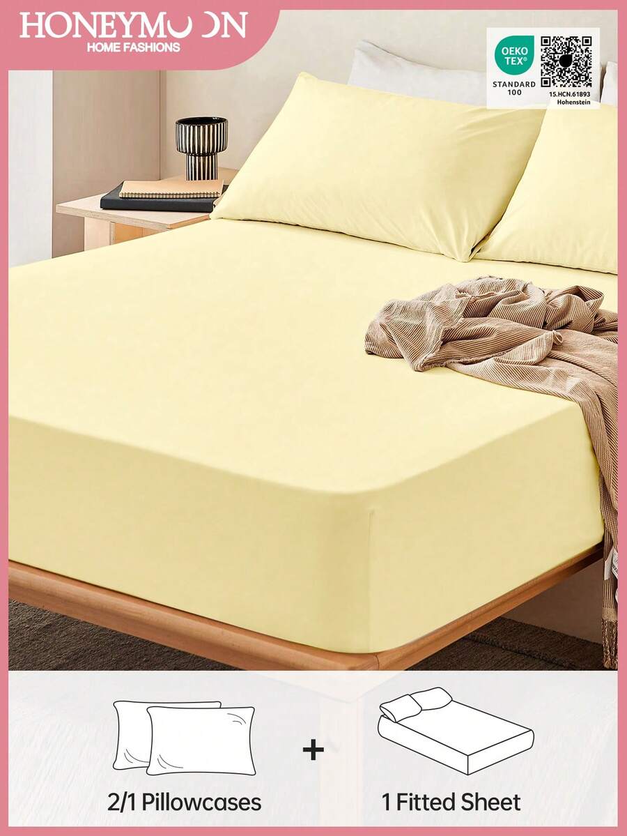 HONEYMOON 2/3件套純色床上用品套裝（2件套 = 1件床墊包單 + 1件枕頭套；3件套 = 1件床墊包單 + 2件枕頭套）－100%聚酯纖維面料床墊套，適用9-12英吋深口袋，枕頭套不含枕芯，柔軟透氣，耐縮水，可機洗－T F Q K尺寸適用於居家與宿舍，返校必備，Oeko-Tex認證，淡黃色 - 嫩黃色 - 查看 1