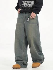 1 pieza Pantalones vaqueros de pierna ancha casuales de ajuste holgado lavados para hombre, estilo coreano/japonés - Bronce - Ver 5