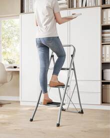 Step Ladder, 3-Step Ladder, Folding Ladder, Safety Lock, Space-Saving Storage, Holds Up To 150 Kg, Grey - Grey - View 6
