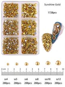 1728入組方背晶體玻璃美甲鑽石，4#-12#共6個尺寸混合DIY裝飾指甲、衣服、包包、髮飾、汽車、寢具、吊飾等。適合青少女、女性美甲、眼妝、臉貼、珠寶飾品裝飾等。6袋水晶玻璃方背鑽石，指甲美麗的裝飾寶石和美甲工具。 - 彩色 - 查看 73