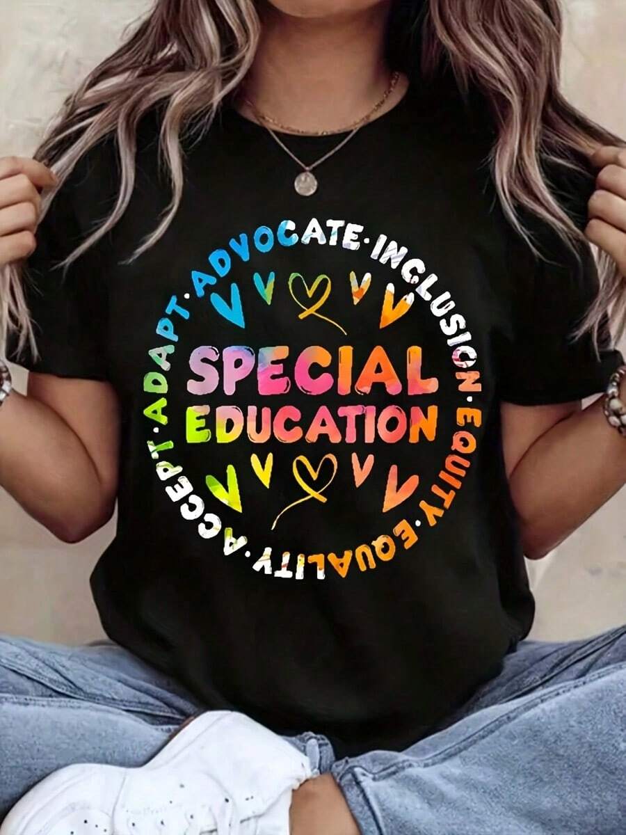 Women Round Neck T Shirt Special Education Advocate Inclusion Adapt Accept Equality Love Heart Print Short Sleeve For Teachers And Support Staff - 黑色 - 查看 1