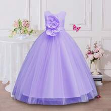 Vestido sin mangas elegante de niña preadolescente con parches de malla y flores de unicolor, vestido de niña de las flores para bodas, vestido para recital de piano, atuendo para festivales infantiles - Morado - Ver 10