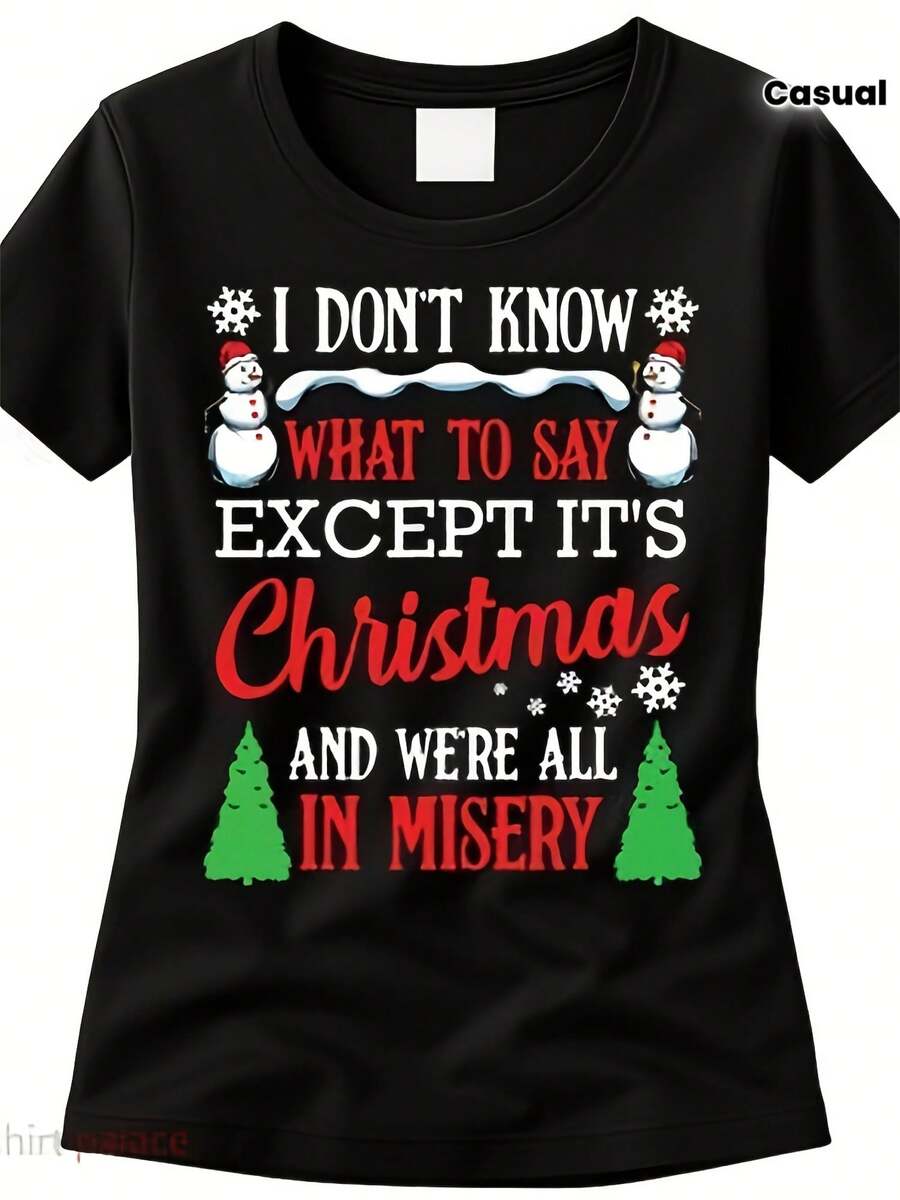 Camiseta divertida de cita de película de vacaciones de Navidad - "No sé qué decir, excepto que es Navidad y estamos todos en miseria" - Camiseta gráfica inspirada en la historia navideña de National Lampoon - Negra con letras rojas y verdes - Peso pesado 220GSM puro - Atuendo casual de fiesta unisex para adultos - Regalo de Navidad divertido para fans - Camiseta retro de cuello redondo y manga corta con diseño festivo de muñeco de nieve y árbol de Navidad - Ropa humorística con citas familiares para hombres y mujeres - Ropa para todas las estaciones - Estilo vintage verano 2025 - Negro - Ver 1