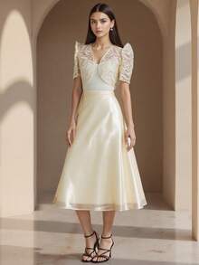 Amyenjoylife Modern Filipiniana Ladies' Elegant Temperament Half Skirt Modern Filipiniana - Champagne - View 4