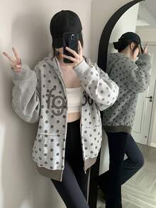 复古美式波尔卡圆点字母印花连帽卫衣，宽松休闲卫衣外套，秋冬