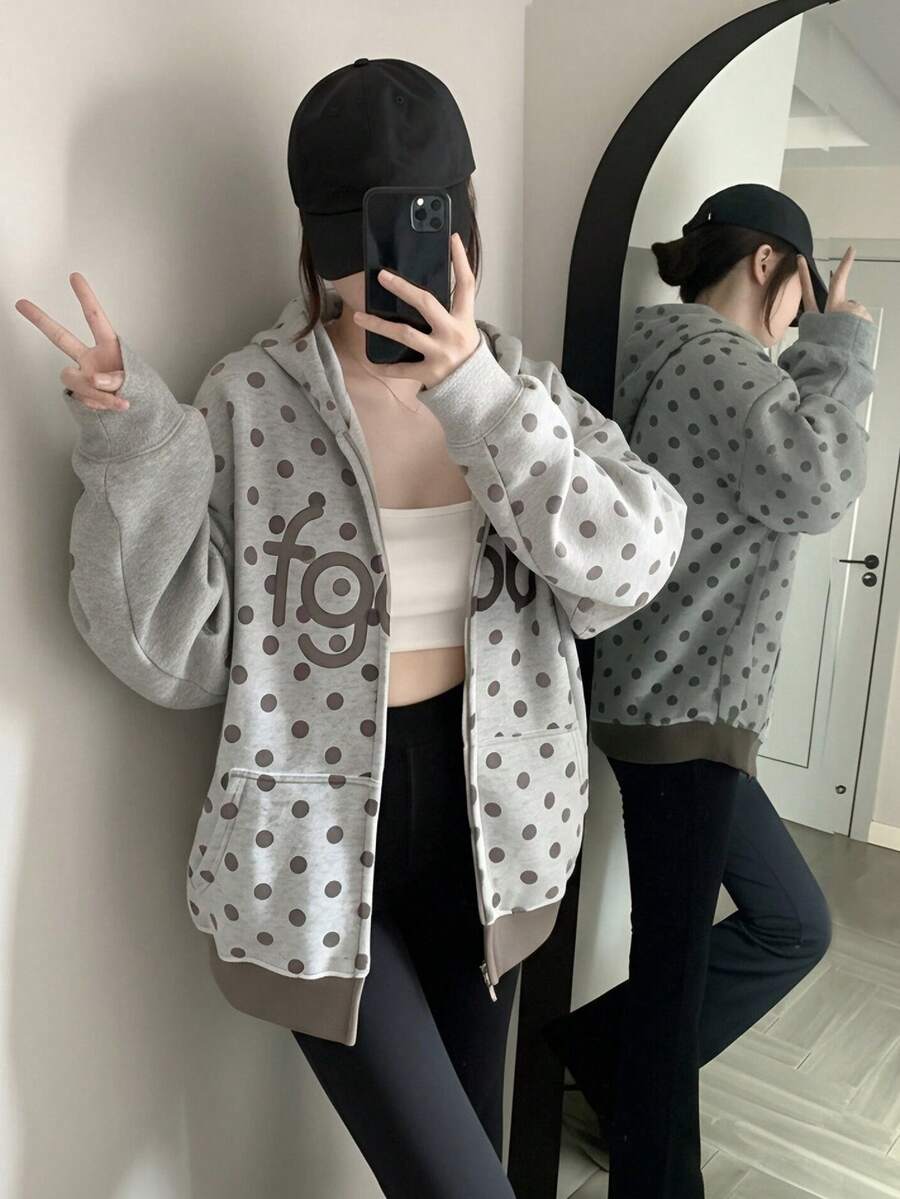 复古美式波尔卡圆点字母印花连帽卫衣，宽松休闲卫衣外套，秋冬