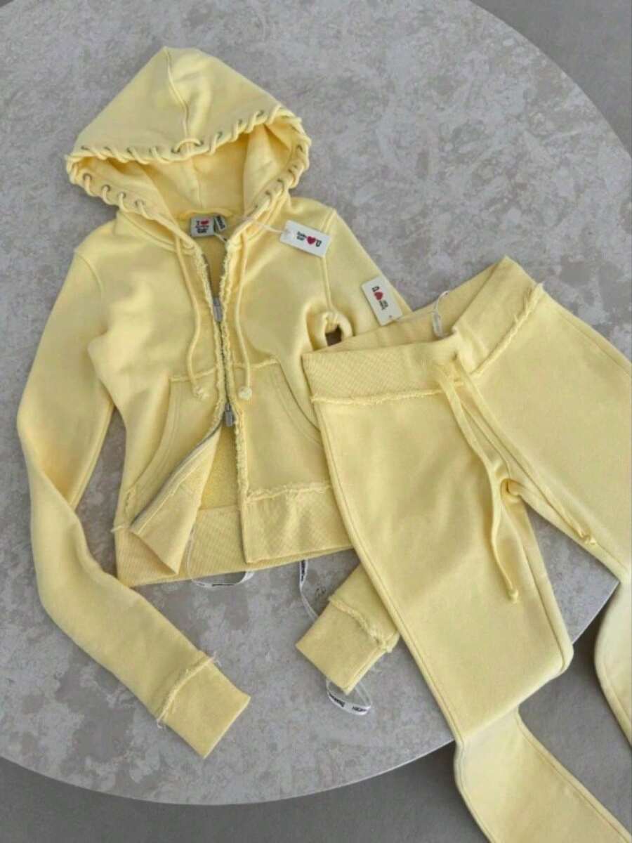 2025 New Short Hooded Zipper Sweater Casual Suit Y2k Women's Clothing Sports Babes Ins Hip Hop Street - Màu vàng - Xem 1