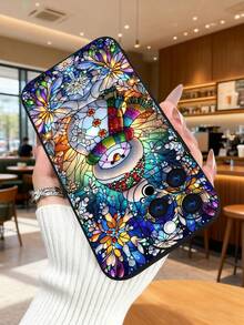 1 pieza Funda de teléfono con diseño de muñeco de nieve en estilo vitral colorido y artístico, ideal para la temporada navideña y decoración festiva brillante, protección elevada para lente con diseño de ojo de cámara, resistente a golpes, compatible con iPhone 17 Pro Max/16/15/14/13/12/11/Plus/Pro/Pro Max, compatible con Galaxy A34/A35/A54/A55, Galaxy S20/S21/S22/S23/S24/S25 Ultra/Plus, compatible con Galaxy/Redmi/Honor/OPPO/ViVo - Negro - Ver 3