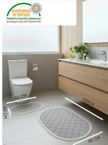 NON SLİP – 2-Pieces Digital Toilet Rug Set – 2 Pieces 60X100 Cm Large, 60X50 Cm Small – Soft Velvet, Non-Slip Sole , Ideal For Bathroom Mat Use. - Creamy White - View 3