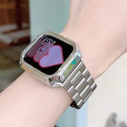2条银色不锈钢金属替换表带 + TPU 保护壳，兼容 Series 1-6，38mm、40mm、41mm、42mm、44mm、45mm、46mm、49mm，机甲装甲设计，送给成功男士的礼物，男友智能手表配件