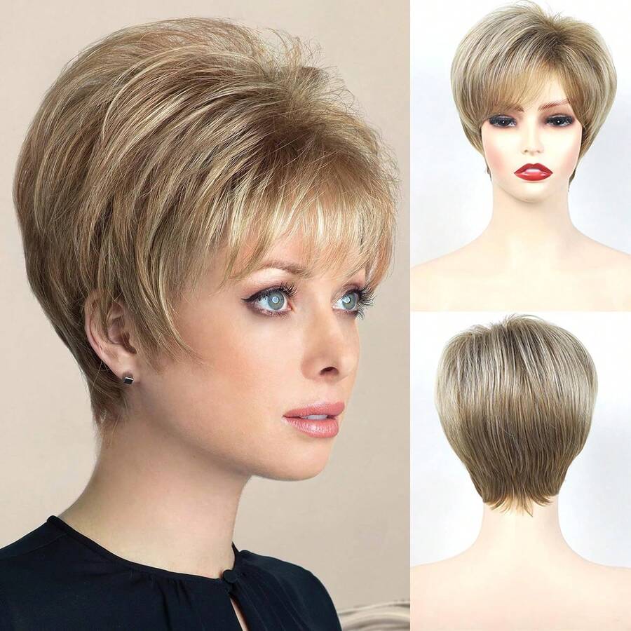 Elegant Pixie Short Golden Bangs Wig - Realistic Heat-Resistant Synthetic Wig, Suitable For Caucasian Women's Daily Wear, Rose Net Cap, Straight Hairstyle, Fashionable Hair Accessory | Elegant Hairstyle | Heat-Resistant Fiber, Short Wig