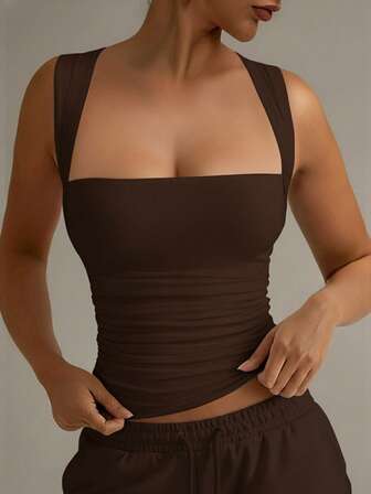 XLLAIS Camiseta de tirantes de mujer de ajuste ceñido, de cuello bolero con pliegues, en color blanco y marrón, para uso casual y de vacaciones, apta para las cuatro estaciones