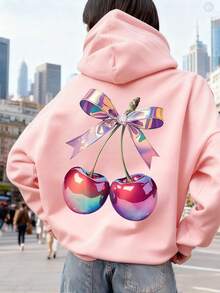 1pc Tween Girl Thermal Lined Hooded Sweatshirt, Warm Winter Youth Clothing, Suitable For Children, Autumn/Winter Long Sleeve Top, Y2K/Casual/Stylish/Daily/Streetwear/Holiday/School/Girly/Cute - Pink - View 5