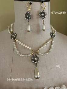 2 Pieces/1 Set Exquisite And Elegant Vintage Baroque-Style Alloy Flower Faux Pearl Teardrop Pendant Earring And Necklace Jewelry Set. Suitable For Women's Everyday Wear, Holidays, Parties, Dances, And Anniversaries, It Also Makes A Great New Year's Gift Or Jewelry Present. - 彩色 - 查看 2