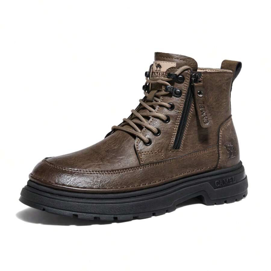 CAMEL CROWN Men's Outdoor Casual Boots, Autumn/Winter Hiking Boots, Martin Boot Style Thick Sole Anti-Slip Retro Mid-Calf Work Boots, Wool Lining Warm Boots - Khaki - View 1