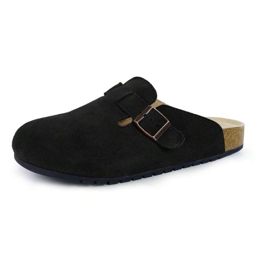 EVELLYHOOTD Women Men Genuine Suede Round Toe Cork Footbed Clogs Potato Shoes Slide Outdoor Gym Shoes With Arch Support Flat Clogs Retro Fashion Walking Shoes Slippers [Wide Feet PLS SIZE UP ] - 黑色 - 查看 1