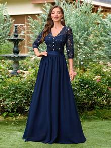 MIUSOL 亮片花卉蕾丝V领纽扣装饰七分袖荷叶边下摆长款连衣裙，优雅女士晚宴礼服 - 藏蓝色 - 查看 6