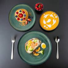 12pcs Navy Reactive Glaze Dinnerware Set For 4 - Elegant Glossy Stoneware Plates, Bowls & Dessert Plates With Rounded Edges, Dishwasher , Scratch-Resistant - Thanksgiving & Everyday Dinnerware, Classic Modern Design In Deep Hues (Ideal For Forma - Xanh lá cây-12 chiếc - Xem 8
