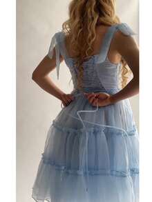 Tulle Prom Dresses Ruffled Trim Tie Back Sleeveless Long Formal Evening Dresses For Women A-Line Open Back Cocktail Ball Gown - 淺藍色 - 查看 9