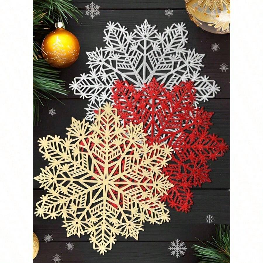 4pcs, Christmas Snowflake Placemats, PVC Placemats For Christmas Table Decorations, Vase Mats, Christmas Table Snowflake Decorative Protective Mats.