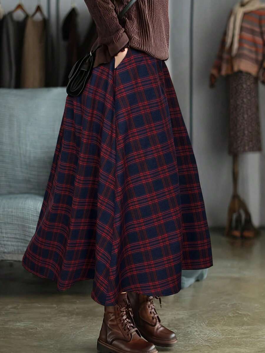 Valentine's Day Spring And Summer New Retro Plaid Skirt, Brown High-Waist Flared Skirt, Mid-Length Forest-Style Versatile Skirt, Slim-Fit And Hip-Covering. Featuring A Vintage Plaid Design, It Is Breathable And Skin-Friendly While Maintaining Its Shape. Suitable For Work And Everyday Occasions, It Is A Versatile Piece That Elevates The Quality Of Your Spring And Summer Wardrobe..