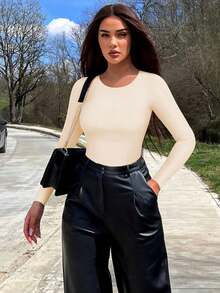 Nebility Sports  Long Sleeve Bodysuit Tummy Control Body Suits For Womens Slimming Crew Neck Bodysuits - Màu be - Xem 3