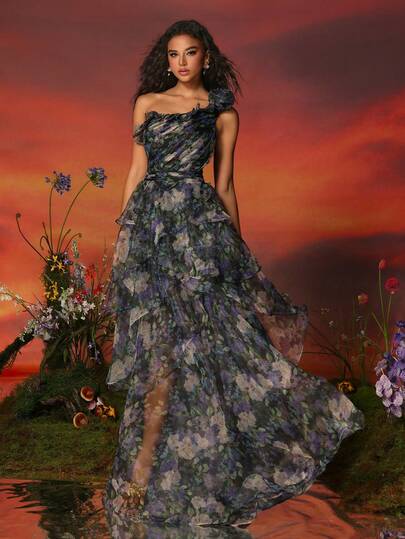  VIPGIRL Asymmetric Ruffle Hem Evening Gown