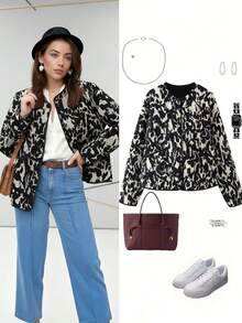 Palton de toamnă și iarnă pentru femei, casual, cu imprimeu animal, din bumbac, model bombardier, haină de serviciu, haină de exterior pentru navetiști, haină de exterior pentru femei, alb-negru, cu imprimeu color block și leopard, top și stil de Anul Nou pentru femei, haină bomber de iarnă, alb-negru, cu imprimeu abstract, palton scurt, cu umeri căzuți, mâneci lungi și detalii cu guler rotund, pentru purtare de zi cu zi - Negru - Vizualizare 6