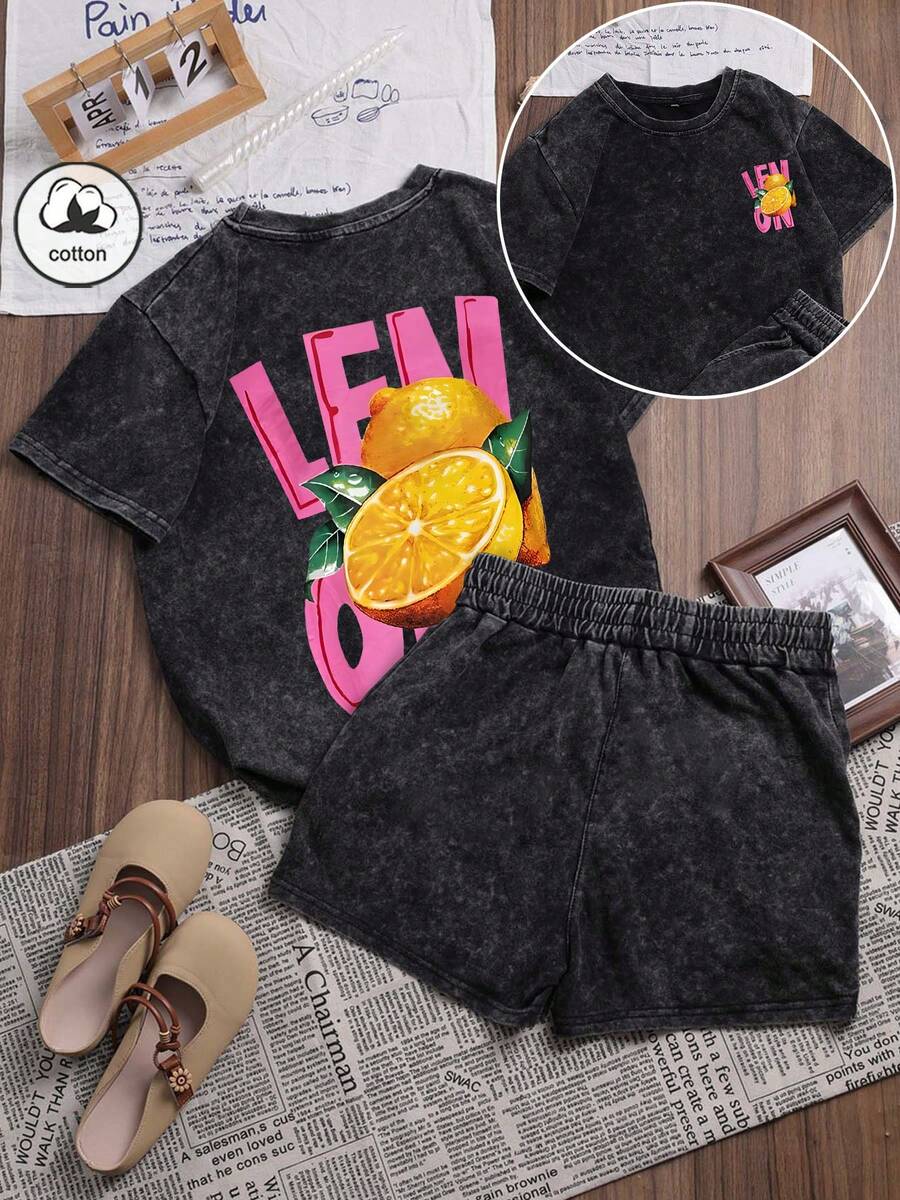 Es Trus 棉质夏季女式休闲柠檬字母印花街头风,韩版复古基础款舒适Y2K风格,黑色修身圆领短袖T恤和短裤两件套,优雅 - 黑色 - 查看 1