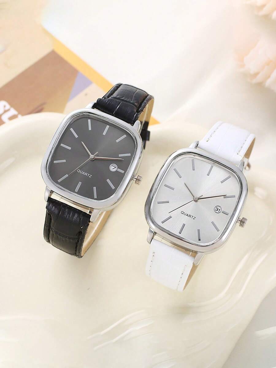 Simple Black & White Leather Square Quartz Watch, Adult Daily Commute & Casual Outfit Essential - White - View 1