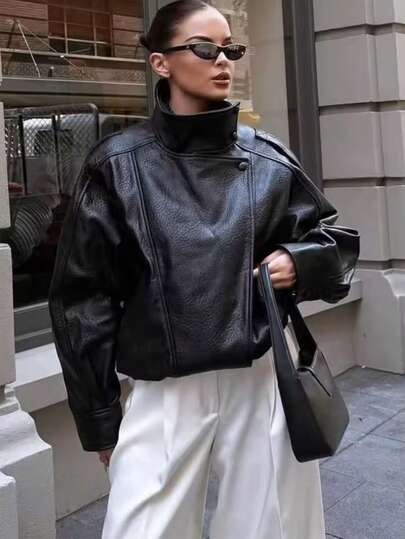 Chaqueta de mujer de piel sintética negra, abrigo con cremallera de cuello alto de manga larga, prenda exterior con estilo para otoño/invierno