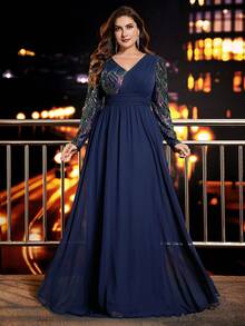 Elegante vestido de noche de talla grande con cuello en V, manga larga, corte evasé y aplicaciones de lentejuelas (muy adornado)