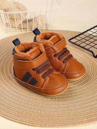 1 Pair Infant Boys' Solid Color PU Velvet Strap Design Flat Soft Fashion Casual Sneakers, Suitable For Winter