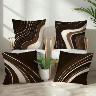 4 件套棕白抽象几何线条图案抱枕套，柔软桃皮绒面料，单面印花，尺寸 45*45 厘米，适用于家居、卧室、客厅、沙发装饰，节日礼物