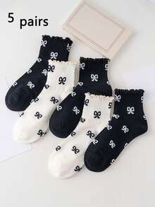 5 đôi tất nữ thời trang nơ đen trắng, chất liệu mềm mại, viền bèo nhún, phù hợp cho mọi mùa và mặc hàng ngày. - Nhiều màu - Xem 5