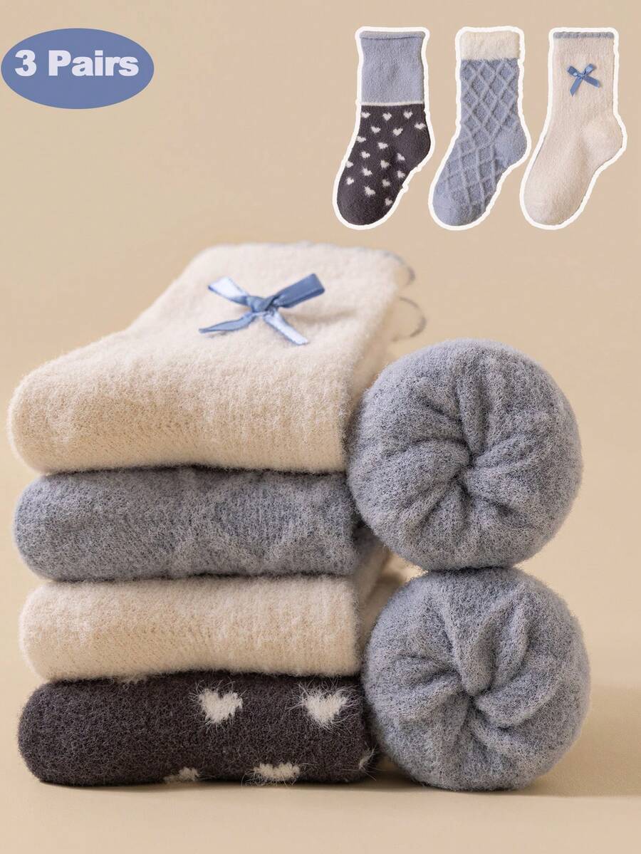 3双装儿童加厚保暖中筒袜，蝴蝶结设计，冬季女童袜 - 彩色 - 查看 1