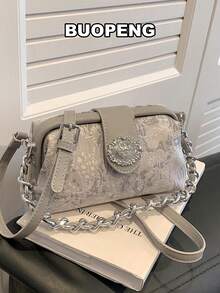 Túi xách Mini Chic Elegant Solid Color Zipper & Metal Chain, Túi Tote đeo vai nữ tối giản giản dị, Thích hợp để mua sắm, ví, mua sắm, Phụ nữ trẻ, Sinh viên đại học, Người mới đến và Nhân viên văn phòng. Lý tưởng cho văn phòng, trường đại học, công việc, kinh doanh, đi làm, ngoài trời, du lịch và đi chơi - Xám - Xem 3