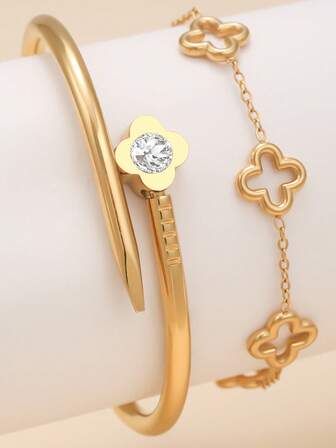 Kadınlar İçin 1 Adet Minimalist Paslanmaz Çelik Zirkonyum Dört Yapraklı Yonca Bileziği, Parti, Toplantı ve Günlük Kullanım İçin Uygun