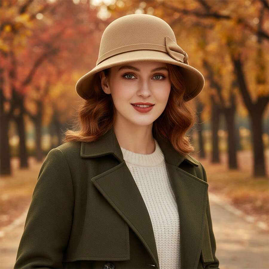 Womens Cloche Hats Stylish Solid Color Decorative Bow Bucket Hat Round Top Short Brim Church Cap - 卡其色 - 查看 1
