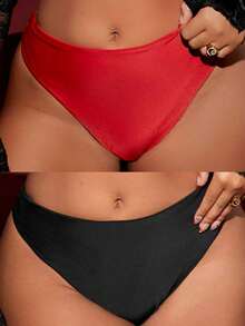 SHEIN Swim 大码夏季沙滩纯色褶皱比基尼泳裤 - 紅色 - 查看 1