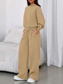 Womens Sweatsuits 2 Piece Set Casual Winter Long Sleeve Hoodie Loose Wide Leg Sweatpants Fall Tracksuit - Màu Khaki - Xem 3
