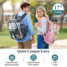 Clear Backpack For School – 17-Inch Heavy-Duty Transparent Bookbag With Large Storage Compartments (For Age 12+) - Hồng nhạt 017AAD - Xem 2