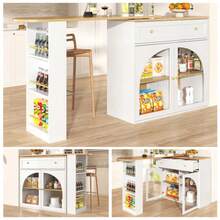 Ausziehbarer Bartisch mit Stauraum (138-204*39*104cm), 360° drehbare Essbar,Moderner Beweglicher Bar Table,Hochtisch Kücheninsel Bistro Table, Sideboardschrank mit Regalen und Glas,Schwarz - Branco - Ver 8