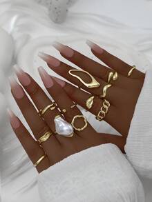 12pcs Smooth Geometric Shape Oversized Fashion Rings, Vintage Coin Style Classic Gold Color Rings For Women - Gold - View 6